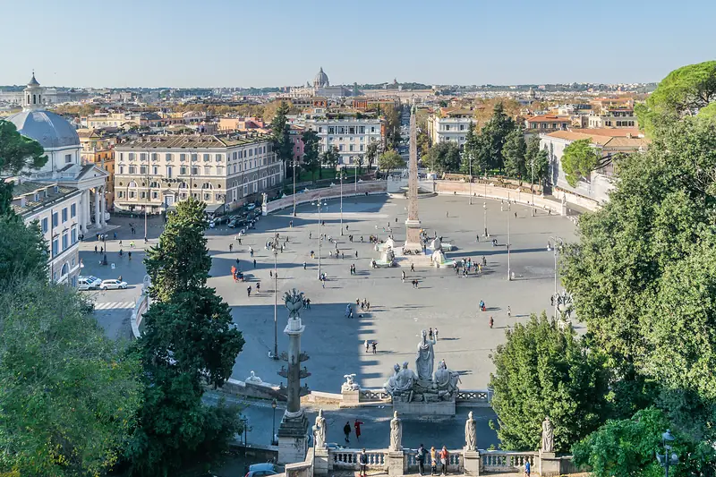 Piazza del Popolo in Rome, seen from the Pincio terrace above it.